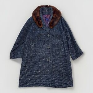VTG 60's Britainaire Women's Blue Woven Wool Coat Mink Collar Union Made Large‎